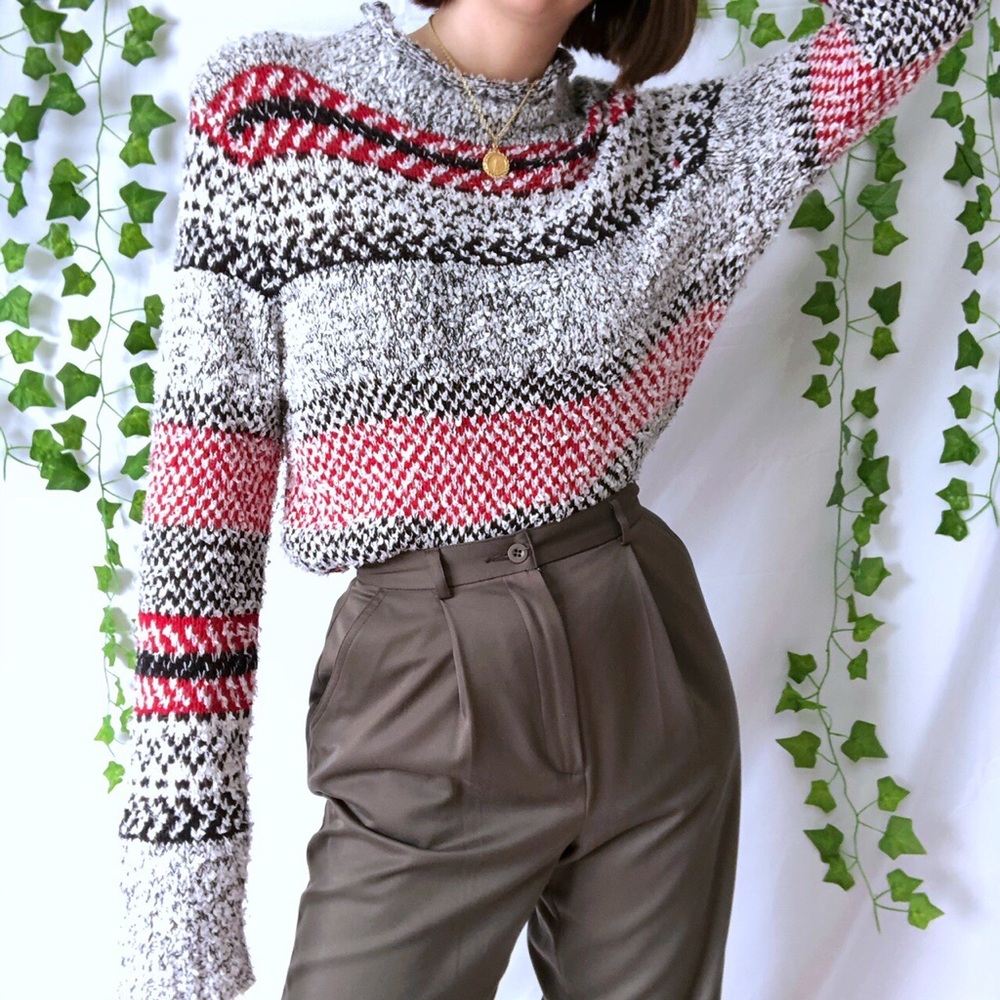 Chunky knit patterned mock neck sweater